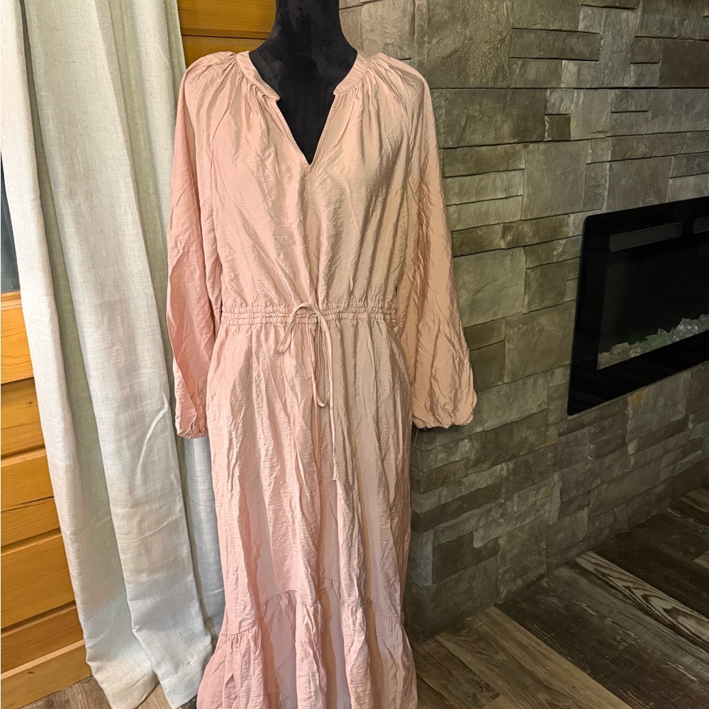 New Day Pink Balloon Long Sleeve Tiered Midi Dress pockets long